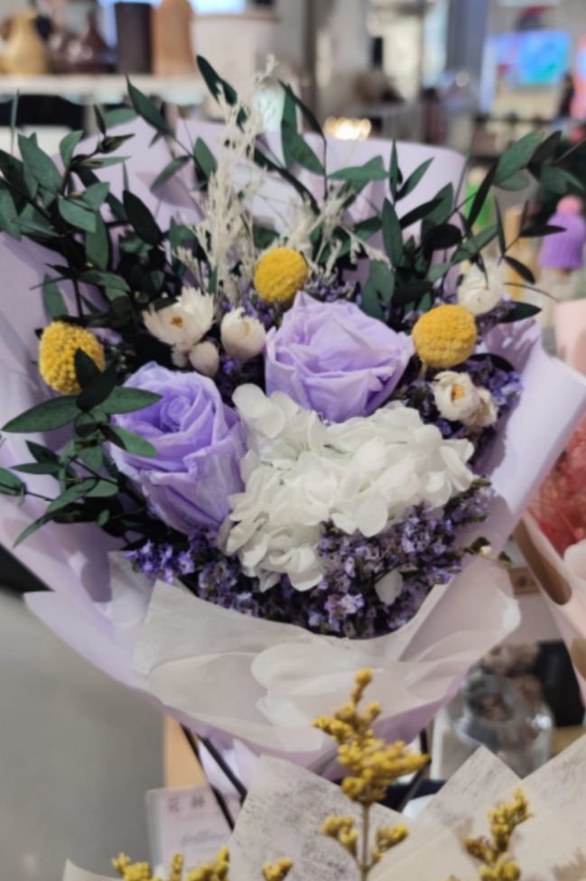 玫瑰保鮮花+乾花花束(淺紫)